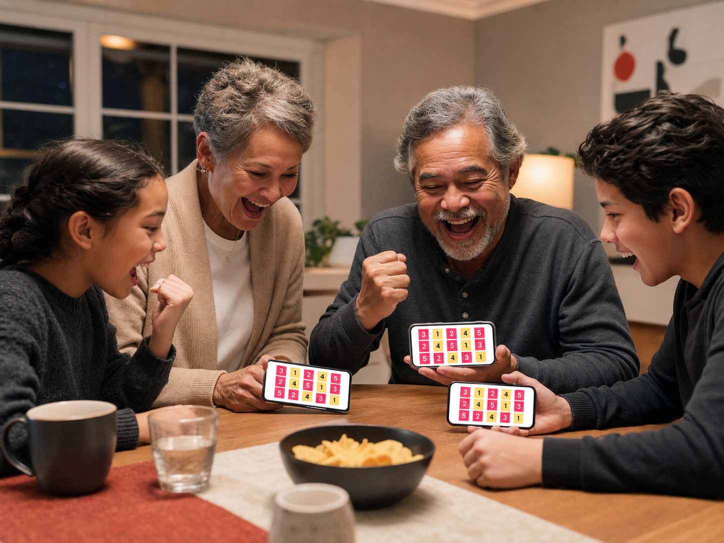 A multigenerational family celebrating a tenza move around a dining table