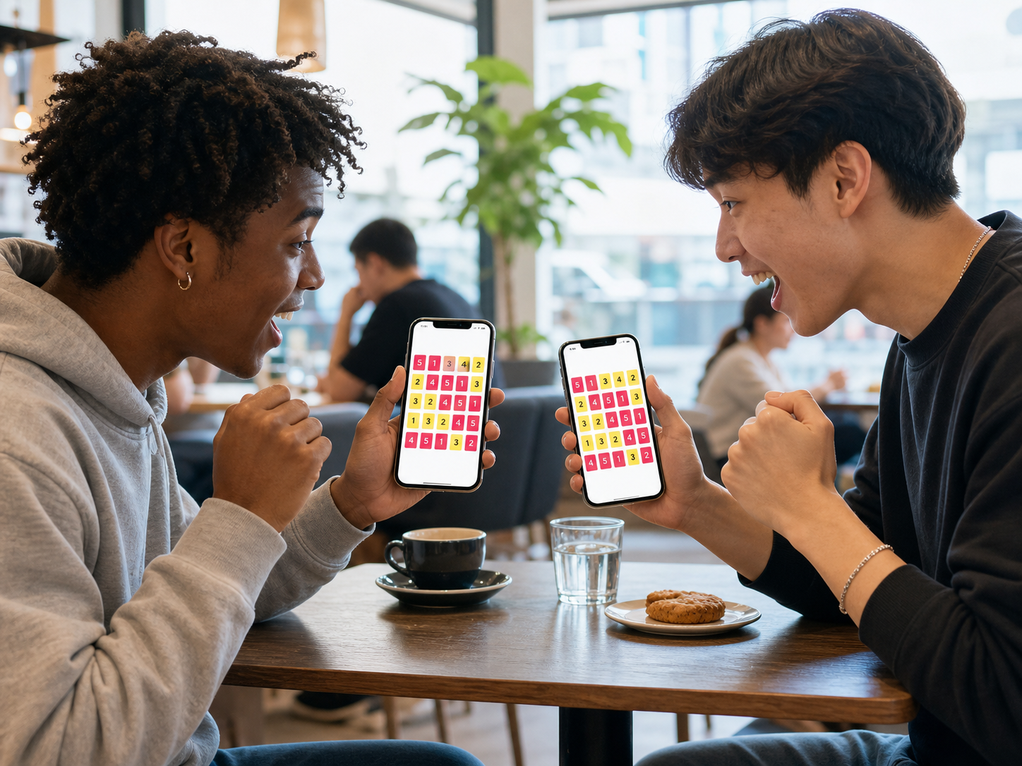 Two friends playing tenza head to head on their phones