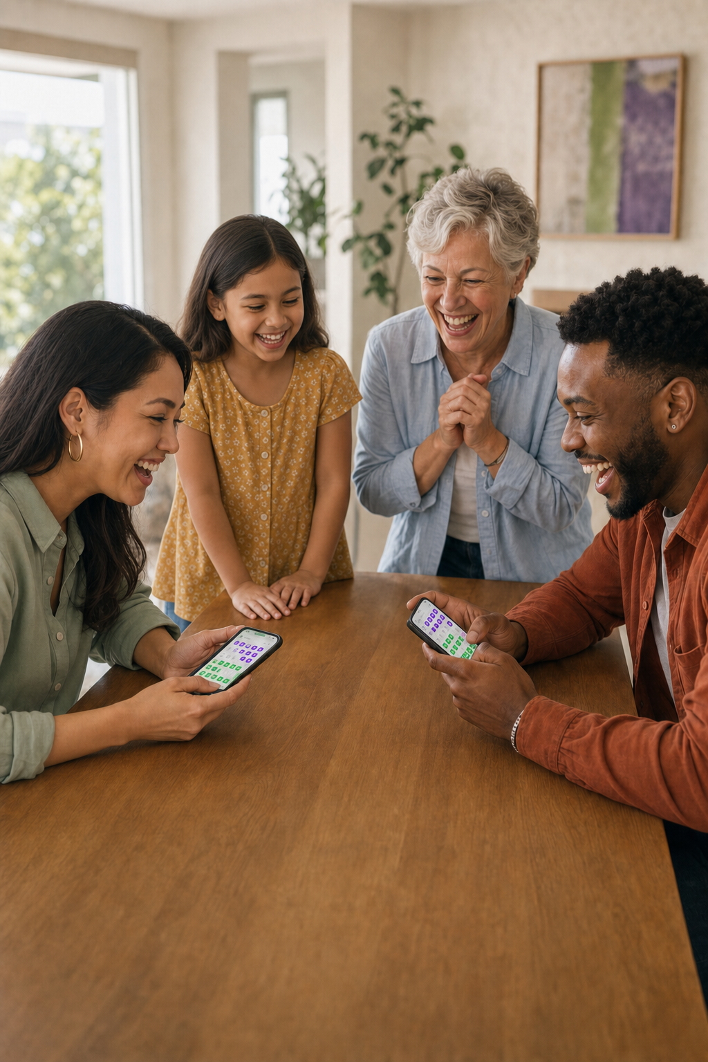 A family smiling while playing tenza together